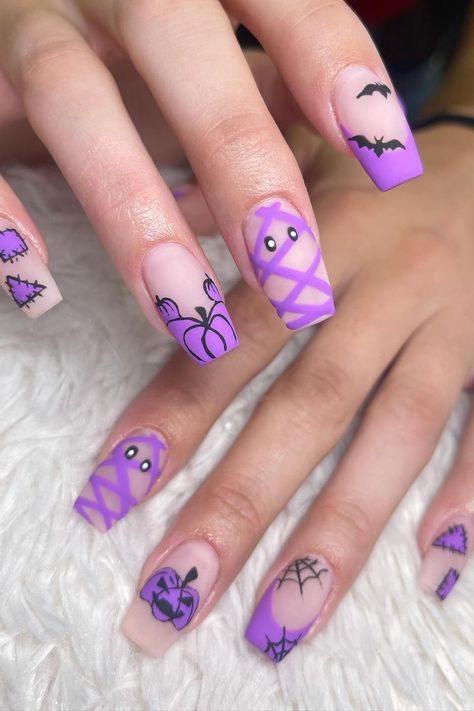 Hawolleen Nails, Halloween Nails 2023 Purple, Spooky Nails Purple, Halloween Nails With Purple, Halloween Nail Purple, Halloween Nails Short Purple, Short Purple Halloween Nails, Cute Halloween Nails Purple, Black And Purple Halloween Nails Short