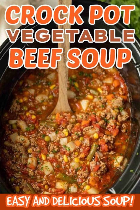 Today we have a fun and easy Crockpot Vegetable Beef Soup to share. This recipe is crazy easy because there isn’t much chopping involved. Just toss and go! This soup is a hearty but healthy meal where you can dump all the ingredients and go about your day. Come home to a house filled with the delicious smell of vegetable soup. #eatingonadime #crockpotvegetablebeefsoup #easysouprecipe Easy Dump Soup Crockpot, Slow Cooker Vegetable Soup With Ground Beef, Vegetable Beef Soup With Roast, Slow Cook Vegetable Soup, Crockpot Veggie Beef Soup, Vegetable Beef Soup With Canned Veggies, Steak Vegetable Soup, Crock Pot Beef Soup, Homemade Vegetable Beef Soup Crockpot