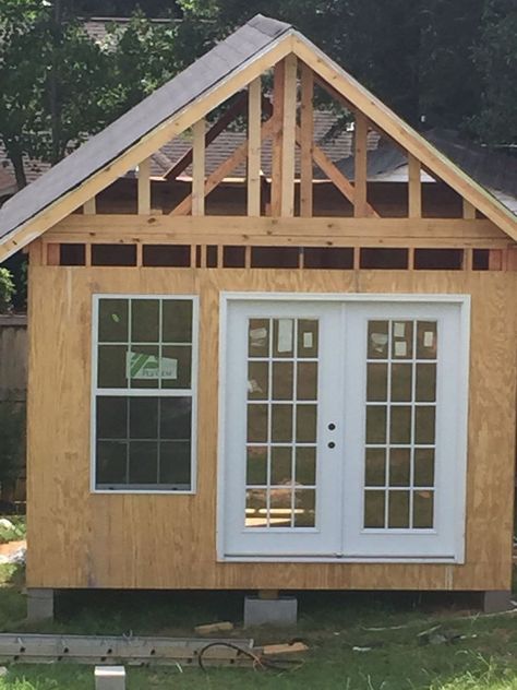 My husband built my She shed last spring. It's 12x12.  144 sq ft.  I use it to just go relax in and I also do some  crafting in there. I love it. [media_id:3255… Craftsmen Bungalow, She Shed Diy, Studio Sheds, She Shed Plans, Shed Diy, Dream Workshop, Honey House, Loafing Shed, Yard Sheds