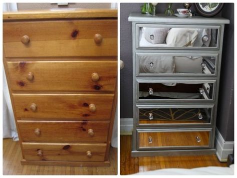 Diy Mirror Dresser, Diy Mirrored Furniture, Mirror Chest Of Drawers, Mirrored Dresser, Mirror Dresser, Mirror Furniture, Home Made Simple, Diy Dresser, Furniture Hacks