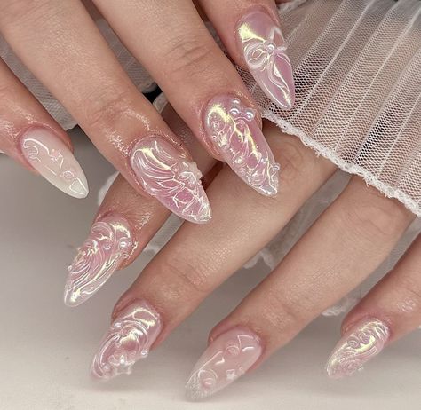 Coquette Nail Inspo Almond, Coquette Summer Nails, Philippines Nails, Whimsy Nails, Nail Design Gems, Fairy Inspired Nails, Aphrodite Nails, Angelic Nails, Fairy Nails