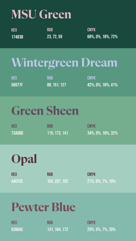 Colors:
17483B ° 58977F ° 73AD8D ° A4CFC0 ° 83B8AC Unique Color Names, Pantone Colour Palettes, Color Design Inspiration, Color Palette Challenge, Hex Color Palette, Hex Color, Color Schemes Colour Palettes, Green Palette, Blue Green Color