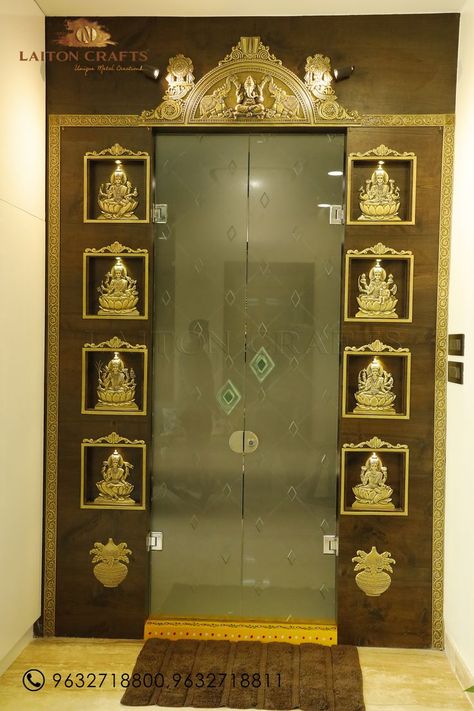 concept of  Astalakshmis Brass designs with Ideal lord Ganesh arch will make your pooja room more elegant and delightful. Modern Bedroom Pop Design, Pooja Room Double Door Designs, Indian Main Door Designs, Pooja Design, Pooja Room Door, Pooja Door, Pooja Door Design, Doors Handles, Main Doors