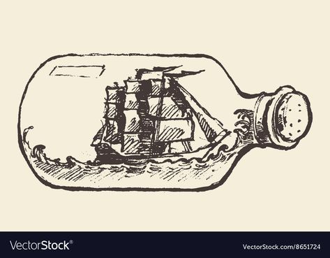 Ship In A Bottle Drawing, Glass Bottle Drawing, Ship In A Bottle Tattoo, Bottle Ship, Linocut Pattern, Ship Sketch, Ship In Bottle, Ship In A Bottle, Bottle Drawing