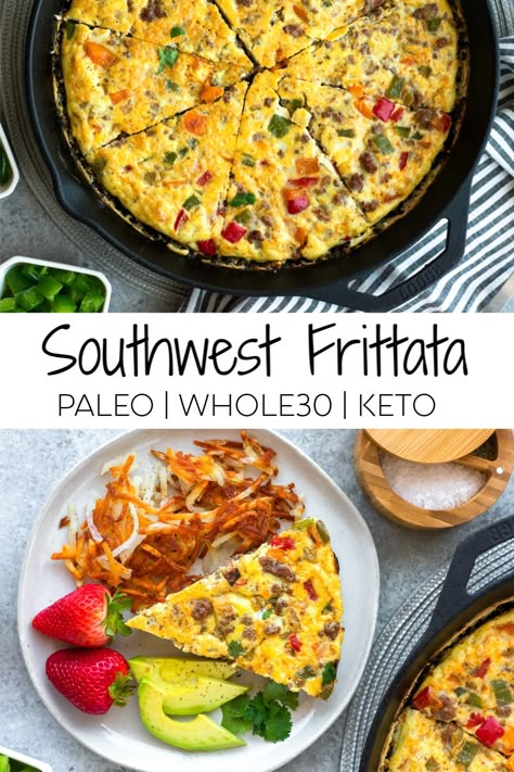 This Southwest breakfast frittata is full of delicious southwest flavor. Made with taco seasoning, ground beef and veggies, it's an easy and healthy meal the whole family will love! It's also paleo and keto friendly and Whole30 compliant #whole30 #paleo #keto #whole30recipes #paleorecipes #frittatarecipes Seasoning Ground Beef, Ground Beef And Veggies, Southwest Breakfast, Low Carb Frittata, Healthy Frittata, Beef And Veggies, Breakfast Frittata, Whole 30 Breakfast, Frittata Recipes