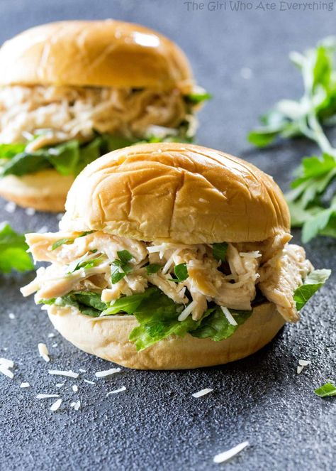 Slow Cooker Chicken Caesar Sandwiches - a tried and true favorite! the-girl-who-ate-everything.com Slow Cooker Chicken Caesar Sandwiches, Crockpot Chicken Sandwiches, Chicken Caesar Sandwich, Commander Cody, The Girl Who Ate Everything, Chicken Caesar, Chicken Sandwiches, Star Wars The Clone Wars, Pulled Chicken