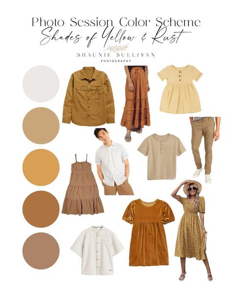 Outfit Color Pallete, Yellow Family Photo Outfits, Family Photo Outfits Summer Color Schemes, Neutral Family Picture Outfits Summer, Rust Family Photo Outfits, August Family Pictures Outfits, Neutral Photoshoot Outfits, Nuetral Pallete Outfits, Family Photo Color Palette