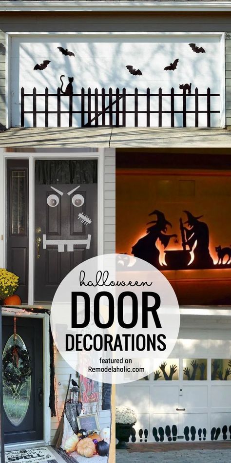 Add A Bit Of Spooky To Your Home Exterior With Halloween Door Decorations For The Garage Or Front Door Featured On Remodelaholic.com Garage Door Decorations For Halloween, Halloween Decorations For Garage Door, Garage And Front Door, Garage Door Halloween Decor, Halloween Garage Door Decorations, Window Above Door, Brown Garage Door, Halloween Doors, Halloween Garage Door