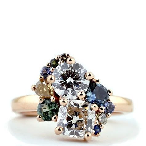 5 Stone Cluster Ring, Multiple Gemstone Engagement Rings, Diamond Cluster Ring Modern, Multiple Stone Ring Designs, Cluster Engagement Ring And Wedding Band, Custom Ring Designs Ideas, Family Jewelry Ideas, Family Engagement Ring, Multi Stone Engagement Ring