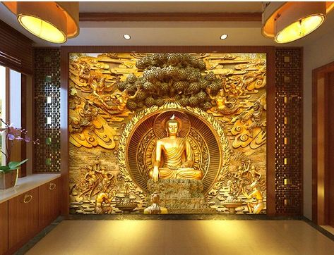 beibehang Golden Buddha Buddhist Temple Mural Custom Large Living Room Screen Background Wall 3d Wallpaper Stereo Wallpaper|Wallpapers| - AliExpress 3d Wall Murals Living Rooms, Living Room Screen, Buddha Mural, Buddhist Design, Wall Scenery, Wallpaper House, Buddha Wall Decor, Wallpaper House Design, Colorful Room