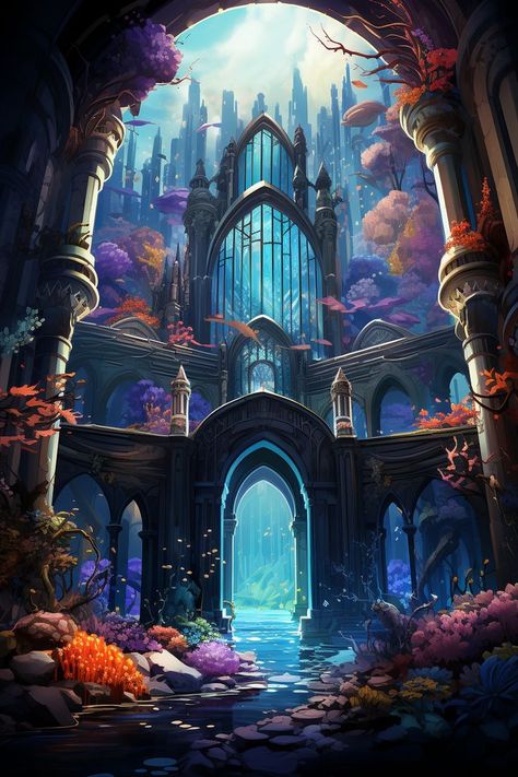 Underwater City Fantasy Art, Art Mythical Creatures, Fantasy Landscape Art, Background Fantasy, Art Niche, Steampunk Artwork, Underwater City, Anime City, Surreal Artwork