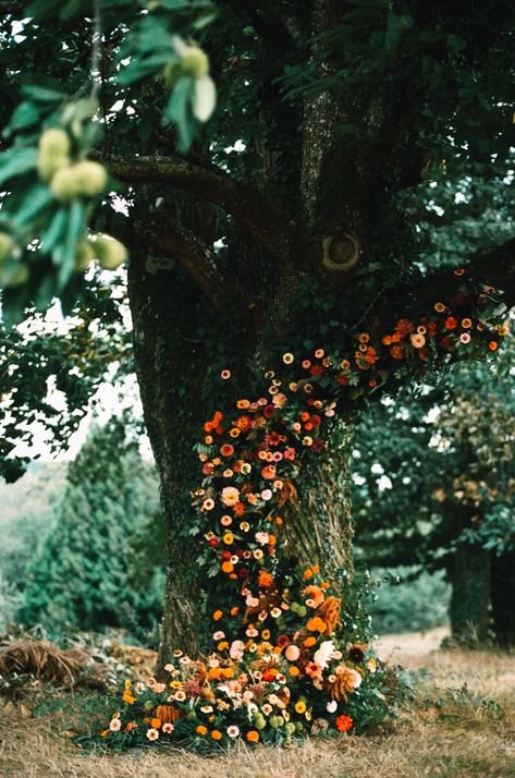 Floral Tree Installation Wedding, Tree Floral Installation, Fall Floral Installation, Floral Tree Wedding, Tree Wedding Arch, September Dinner, Halloween Arch, Tree Wedding Ceremony, Hanging Flower Arrangements