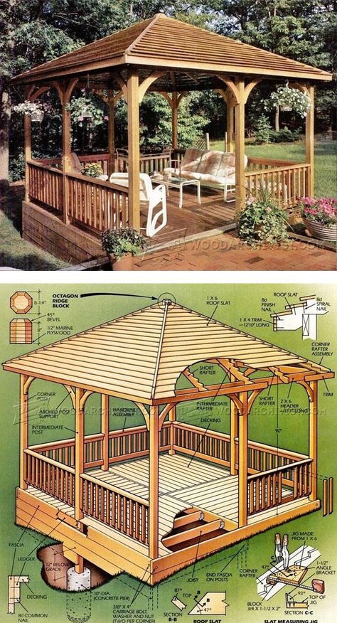 Wooden Gazebo Plans - Outdoor Plans and Projects | WoodArchivist.com Patio Deck Decorating Ideas, Wooden Gazebo Plans, Gazebo Lighting, Gazebo Roof, Easy Patio, Gazebo Plans, Wooden Gazebo, Backyard Gazebo, Gazebo Pergola