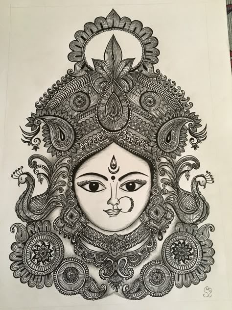 Dusshera Mandala Art, Ammavaru Drawing, Devi Mandala Art, Mataji Sketch, Durga Maa Drawing Pencil, Durga Devi Drawing, Ma Durga Mandala Art, Durga Maa Mandala Art, Durga Devi