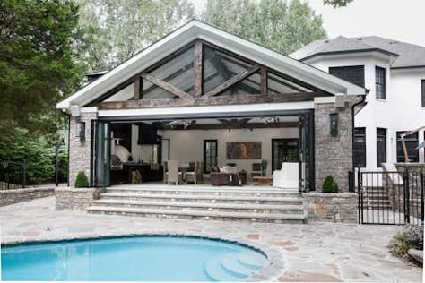 Aussie Pool House (10 Photos) - Dwell Pool And Pool House Layout, Enclosed Pool House, Open Air Pool House, Metal Building Pool House, Pool House With Gym, Pool House With Workout Room, Pool House Interior Ideas, Pool House With Exercise Room, Pool House With Bedroom