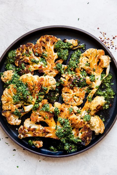 Best Cauliflower Recipe, Cauliflower Steaks Recipes, Cauliflower Steak, Vegetarian Thanksgiving Recipes, Roasted Cauliflower Steaks, Vegetarian Thanksgiving, Kale Pesto, Vegan Thanksgiving Recipes, Cauliflower Steaks