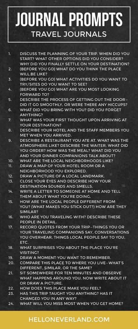 Creative Traveler: Ideas for making your travel journal more interesting. Journal prompts: travel journal - Hello Neverland Travel Journal Writing Prompts, Study Abroad Journal Prompts, Travel Journal Ideas How To Start, Travel Journal Questions, Travel Prompts, Travel Journalling, Journal List, Midori Planner, Traveling Journal