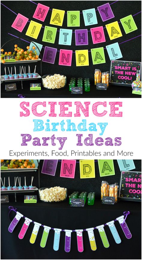 Science Birthday Party Ideas - Printables, Food, Experiments And More Science Party Printables, Science Party Food, Birthday Party Ideas Decoration, Science Party Favors, Party Ideas Decoration, Science Party Decorations, Science Birthday Party Ideas, Scientist Birthday Party, Mad Scientist Birthday