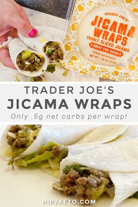 Jicama Tacos Recipes, Jicama Wrap Ideas, Keto Jicama Recipes, Jicama Tacos, Jicama Wraps Recipe, Jicama Wrap Tacos, Jicama Wraps, Jicama Chips Air Fryer, Keto Wraps