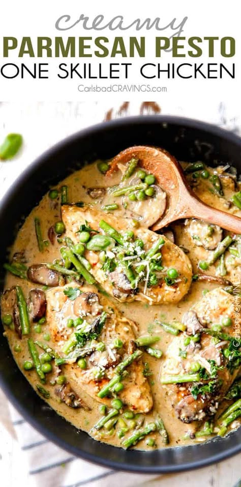 Creamy Parmesan Pesto Chicken Skillet - Carlsbad Cravings Pesto Chicken Skillet, One Skillet Chicken, Carlsbad Cravings, Chicken Skillet, Creamy Pesto, One Skillet, Creamy Parmesan, Low Sodium Chicken Broth, Meal Suggestions