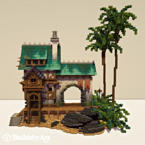 A Minecraft medieval house with pirate inspiration. Download my builds on Patreon! Beekeeper House Minecraft, Minecraft Tower Bridge, Minecraft River House Ideas, Minecraft Stone Archway, Minecraft Gate House, Minecraft Castle Idea, Minecraft Mineshaft Entrance Ideas, Minecraft Dark Oak Forest, Hanging Bridge Minecraft