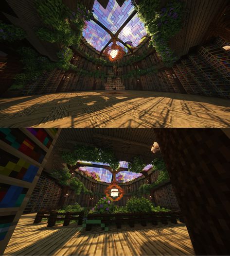 Library Mc Ideas, Huge Underground Base Minecraft, Minecraft Library Ideas Aesthetic, Underground Minecraft Library, Cottage Core Storage Room Minecraft, Hobit Houses Minecraft Interior, Overgrown Aesthetic Minecraft, Overgrown Library Minecraft, Enchanting Library Minecraft Ideas