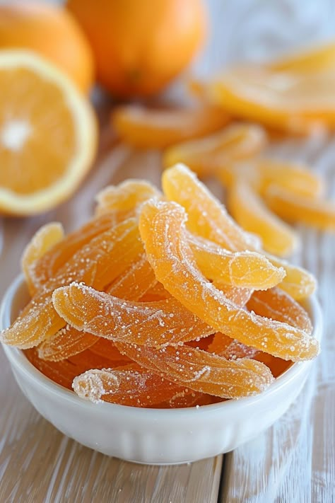 Sugared orange peel candy in a white bowl, with fresh oranges in the background. How To Candy Orange Peel, Chocolate Covered Orange Peel, Sugared Orange Peels, What To Do With Abundance Of Oranges, Orange Peel Aesthetic, What To Do With Orange Peels, Things To Do With Oranges, Candy Orange Peel, Fresh Orange Recipes