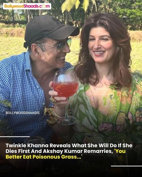 Recently, Twinkle Khanna shared that she often asks her husband, Akshay Kumar, whether he will remarry if she dies first and warned him against it, she said: "I told my husband (Akshay), 'Acha (listen), if I die first, you better eat poisonous grass too. If I see your second wife walking around with my handbags, I promise I will come and haunt you both.'" If you would like to know more details, here's the link: https://www.bollywoodshaadis.com/articles/twinkle-khanna-reveals-what-she-will-d... Shadab Khan Wife, Twinkle Khanna Old Pics, Twinkle Khanna, Second Wife, Akshay Kumar, She Said, Eating Well, I Promise, Twinkle Twinkle