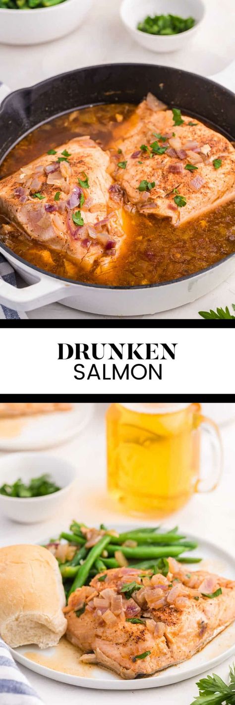 Drunken Salmon in 15 Minutes - Super quick, easy and ready to eat in about 15 minutes! Salmon fillets are cooked on the stovetop in a savory sauce made with beer. So tender and flavorful! Dill Sauce For Salmon, Beer Sauce, Simply Stacie, Spring Recipe, Frozen Salmon, 15 Minute Meals, Savory Sauce, Food Challenge, Salmon Recipe