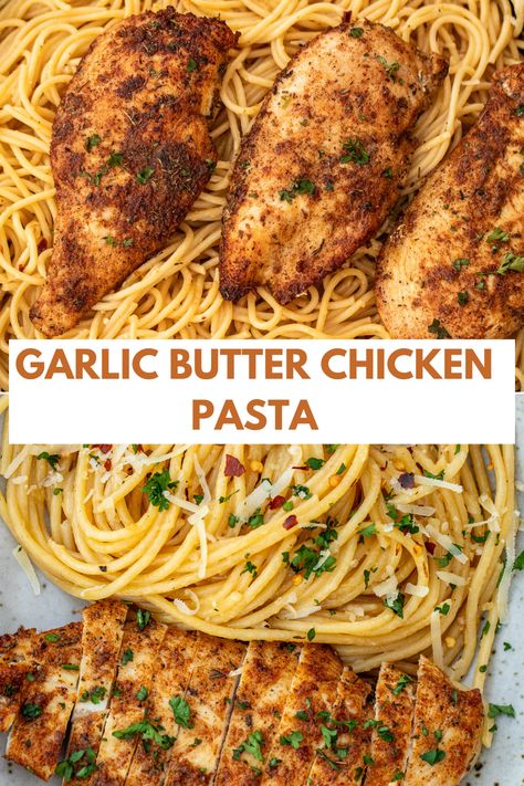 Garlic butter pasta and cooked chicken breasts in a bowl. East Recipes For Two, Family Approved Dinners, Garlic Butter Chicken Spaghetti, Chicken And Garlic Pasta, Chicken Pasta Recipes Easy Quick Dinner Garlic Butter, Healthy Chicken Recipes For Dinner Oven, Buttery Chicken Breast, Boneless Chicken Dinner Recipes, Healthy Dinner Recipes For Two Chicken