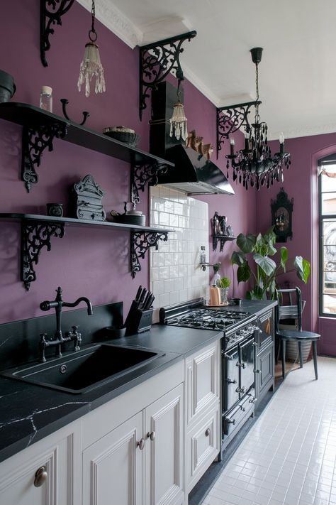 Rich purple walls, black countertops, and elegant crystal chandeliers define this space.  The white cabinetry balances the dark tones, while ornate brackets and shelves add intricate detailing.  This kitchen is designed for those who appreciate bold color with a gothic twist. Purple Walls Kitchen, Grey And Purple Kitchen, Gothic Kitchen Decor Ideas, Goth Home Interior, Witchy Chandelier, Pastel Goth Interior Design, Gothic Studio Apartment, Purple Aesthetic House, Purple Rich Aesthetic