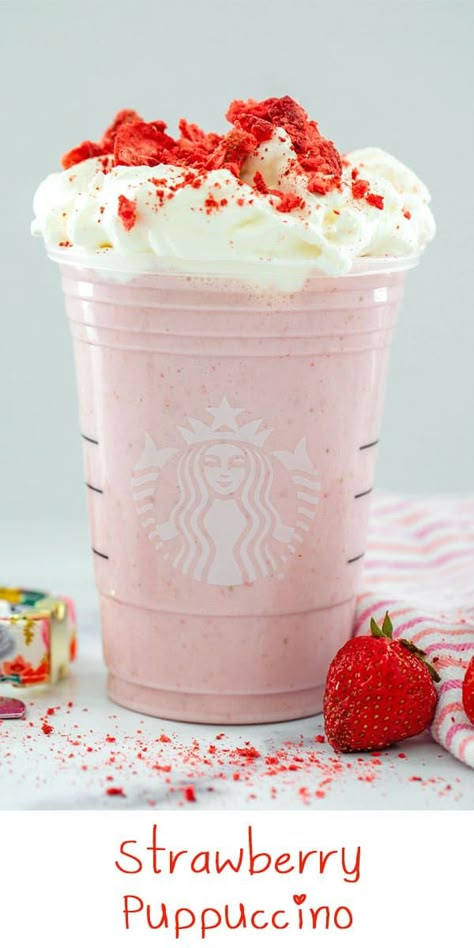 Strawberry Puppuccino -- When you order your dog a Puppuccino at Starbucks, they'll get a cup of plain whipped cream. When you make your dog a homemade Strawberry Puppuccino, they'll get a delicious strawberry smoothie topped with fresh whipped cream. If your dog could talk, they'd definitely say thank you (but instead, you'll get lots of kisses)! via @wearenotmartha Dog Whipped Cream Recipe, Pup Cups For Dogs, Valentines Dog Treats Recipe, Valentine Dog Treats Homemade, Puppuccino Recipe, Valentines Dog Treats, Strawberry Dog Treats, Dog Smoothie, Puppies Stuff