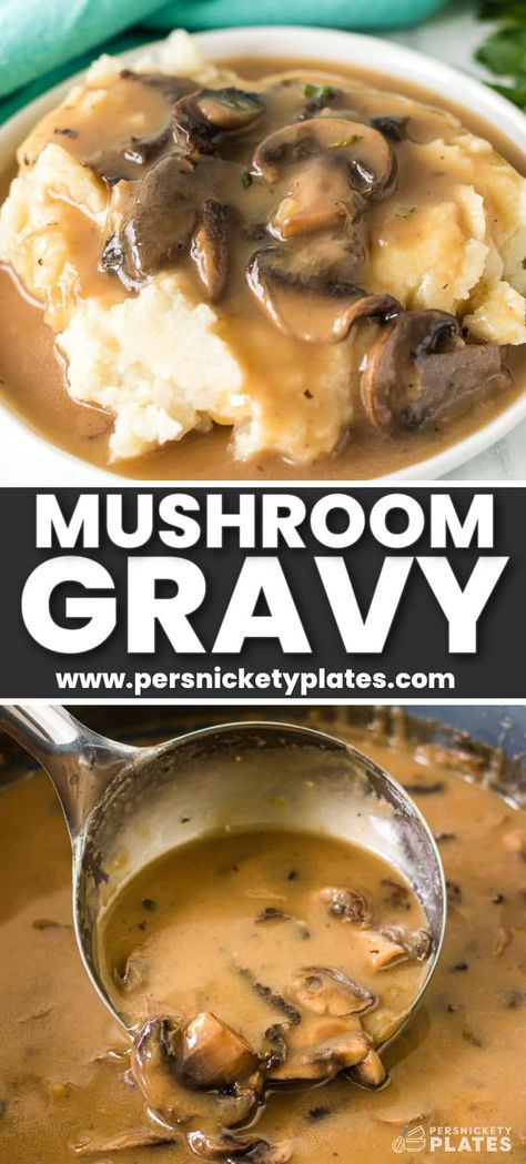 This is the easiest and tastiest gravy you’ll ever make! Easy mushroom gravy complements both meat and vegetables and is so simple to make. | www.persnicketyplates.com Easy Mushroom Gravy, Gravy Mushroom, Easy Gravy Recipe, Sauteed Onions, Mushroom Gravy Recipe, Homemade Meatloaf, Oven Baked Chicken Breasts, Homemade Gravy, Meat Appetizers