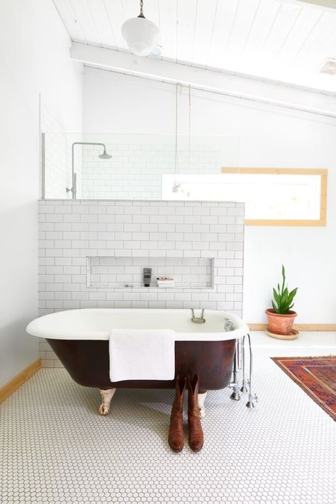 Step Inside a Sleek, Scandinavian-Inspired Vacation Home in Broken Bow - D Magazine Blue Hexagon Tile Bathroom, Tudor Renovation, Stainless Steel Kitchen Counters, Blue Hexagon Tile, Hexagon Tile Bathroom Floor, Blue Floor Tile, Hexagon Tile Bathroom, Blue Tile Floor, Dark Blue Tile