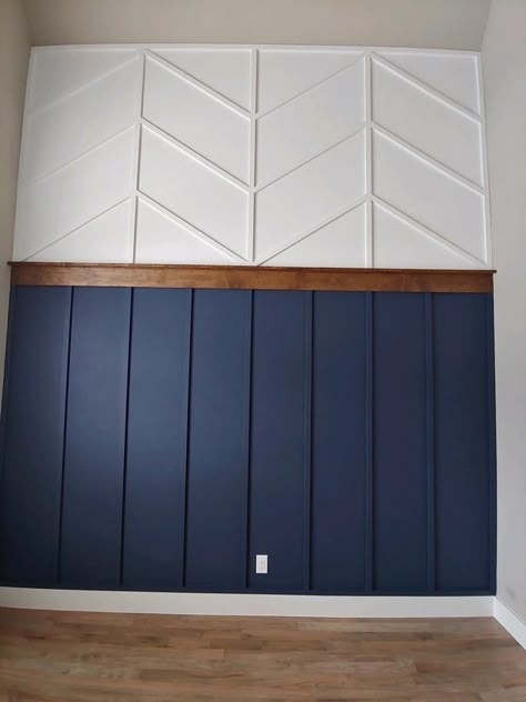 Navy Wainscoting Hallway, Trendy Accent Walls, Wanescotting Accent Wall, Herringbone Board And Batten Wall, Behind The Bed Accent Wall, Den Accent Wall, How To Board And Batten Wall, Blue Wood Paneling, Blue And Gold Accent Wall