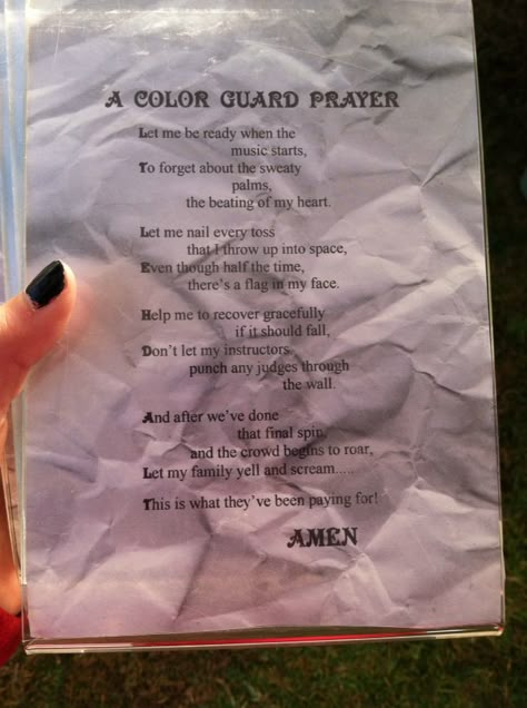 How about a guard prayer for my fellow guardians. Colorguard Quotes Inspirational, Color Guard Competition Gifts, Colorguard Bag Checklist, Colorguard Essentials, Color Guard Banquet Ideas, Color Guard Routines Videos, Color Guard Gift Bags, Color Guard Survival Kit, Color Guard Gifts Ideas Diy