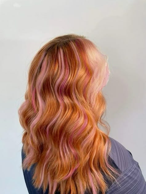 Red Hair With Blonde And Pink Highlights, Copper Hair With Highlights Blonde, Rooty Pink Hair, Ginger Hair With Fun Colors, Dyed Hair With Roots Showing, Ginger With Light Highlights, Blond Highlights In Red Hair, Pink Orange Blonde Hair, Strawberry Blonde And Red Hair