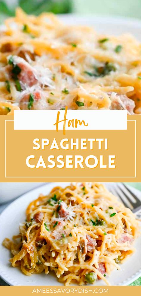 Transform those holiday ham leftovers into a Ham Spaghetti Casserole! This creamy and comforting pasta bake is easy to make and packed with 31 grams of protein per serving, making it the perfect choice for a delicious and nutritious family-style meal. Make this delicious, comfort recipe today, and get rid of those holiday leftovers! Ham Pasta Casserole Recipes, Spaghetti And Ham Recipes, Ham And Spaghetti Casserole, Recipes Using Sliced Ham, Ham Spaghetti Recipes, Ham Pasta Bake, Ham And Pasta Casserole Recipes, Recipes Leftover Ham, Leftover Ham Dinner Ideas