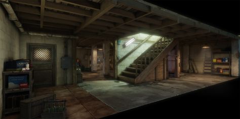 Retro Basement, Cinematography Lighting, Apocalypse Art, Scene Drawing, Basement House, Zombie Survival, Portfolio Site, 3d Studio, Scene Art