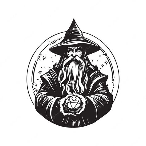 Mage Tattoo Design, Tattoo Wizard, Tattoo Wizard Dnd, Wizard Drawings Easy, Old School Wizard Tattoo, Simple Wizard Drawing, Wizard Drawings, Wizards Logo, Beard Drawing