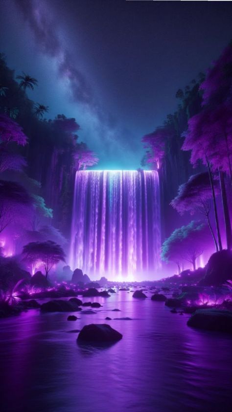 #neon #fantasy #waterfall #nature #night #forest #sky #purple #purpleaesthetic #aesthetic #hd #fyp Red Eyes Anime, White Hair Red Eyes, Fantasy Waterfall, Purple Hair Anime, Dark Purple Wallpaper, Glittery Wallpaper, Pretty Phone Wallpaper, Pretty Backgrounds, Cellphone Wallpaper Backgrounds