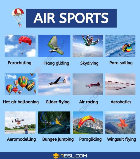 Air Sports Geography Knowledge, Sports List, Vocabulary Meaning, Sport English, List Of Sports, Basic English Grammar Book, English Grammar For Kids, Air Sport, Grammar For Kids