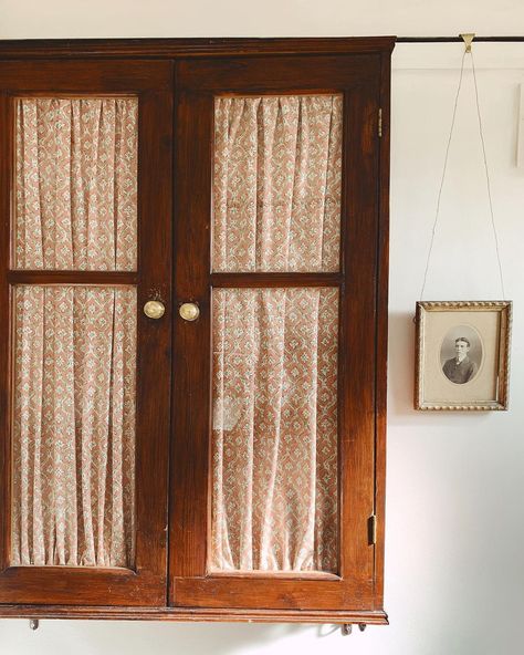 Cupboard Curtains, Old Cupboard, Bathroom Cupboards, Instagram Bathroom, Net Curtains, Cottage Interiors, Boot Room, Vintage Bed, Vintage Storage