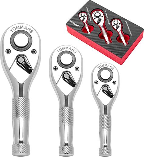 TOMMARS Stubby Ratchet Set, 1/4", 3/8", 1/2" Drive Ratchet Handle Wrench 72-Tooth Quick-Release Reversible Basic Electrical Wiring, Hand Percussion, Socket Wrench, Must Have Tools, Socket Wrenches, Wrench Set, Creative Hobbies, Tool Set, Compact Design