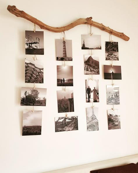 Hanging Photo Collage, Branch Picture Hanger, Pictures Hanging On String, Unique Ways To Hang Pictures, Polaroid Hanging Ideas, Boho Photo Wall Ideas, Pictures Display Ideas, Hanging Polaroid Pictures, Hanging Pictures On The Wall