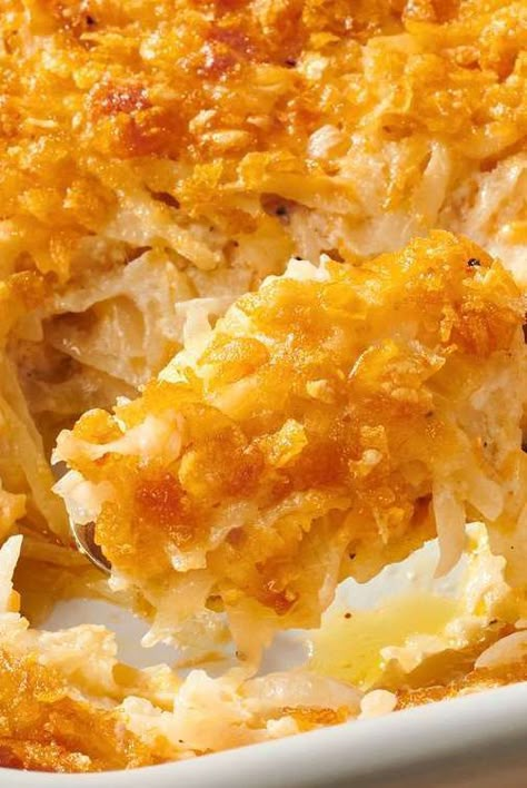 This hash brown casserole is quick and easy comfort food made with oven-baked cheesy potatoes in cream of chicken with a crunchy cornflake topping. Cheesy Hashbrowns With Cornflakes, Hashbrown Cheese Potatoes, Potato Casserole Recipes Hash Brown, Hashbrown Casserole Cream Of Mushroom, Hashbrown Casserole Corn Flakes, Hash Brown Casserole With Corn Flakes, Hashbrown Casserole No Cream Soup, Hashbrown Casserole With Cream Cheese, Chili Hashbrown Casserole