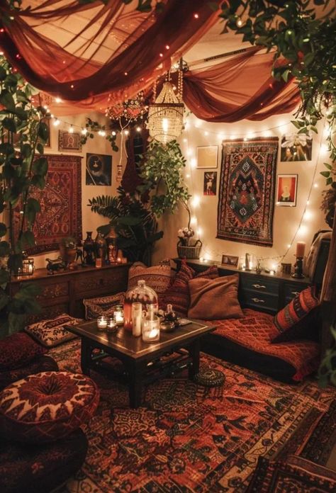 Dark Boho Living Room Ideas: 1. Shadowy Bohemian Lounge Retreat 2. Midnight Boho Sanctuary 3. Mysterious Boho Hideaway 4. Gothic Bohemian Den 5. Enigmatic Boho Noir Haven Hippy Living Room, Hippie Living Room Ideas, Dark Bohemian Living Room, Dark Bohemian Decor, Bohemian Gothic Decor, Apartment House Design, Witchy Living Room, Rustic Bohemian Decor, Dark Lounge