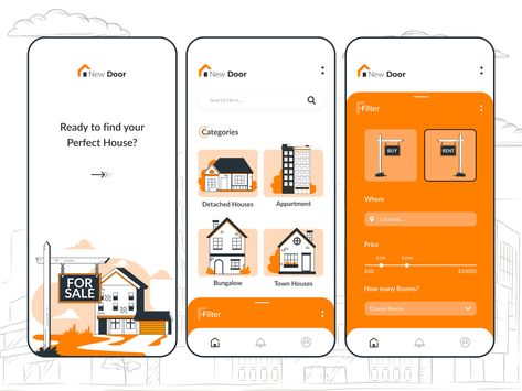 Home Search App by CMARIX TechnoLabs House App, Ui Design Mobile, App Home Screen, App Screen, Rent House, App Design Layout, App Home, Lehnga Dress, App Design Inspiration