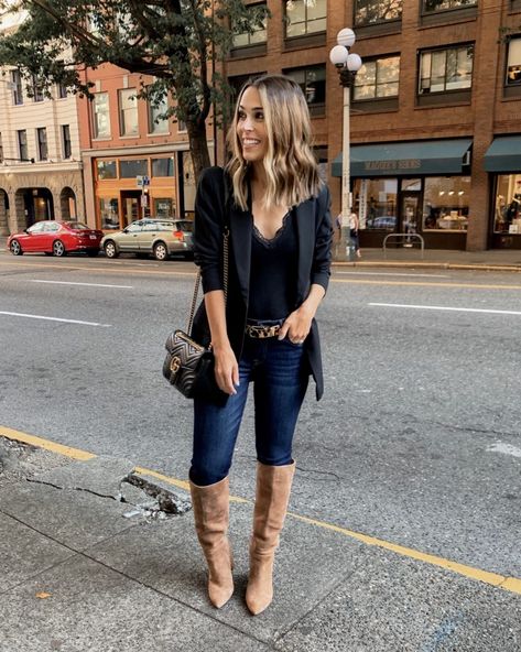 IG: @mrscasual | Black blazer, black cami, leopard belt, skinny jeans, tan knee high boots, & Gucci bag. What I Wore in Seattle Tan Boots Work Outfit, Black Outfit Tan Boots, Tan Knee Boots Outfit, Jeans And Tall Boots Outfit, Tan Knee High Boots Outfit Winter, Nude Knee High Boots Outfit, Tall Boots Outfit 2022, Taupe Knee High Boots Outfit, Jeans And Brown Boots Outfit