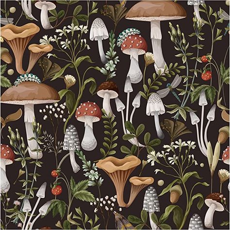 Boho Mushroom, Wallpaper Boho, Bathroom Black, Contact Paper, Stick Wallpaper, Peel And Stick Wallpaper, Seamless Pattern, Bugs, Pattern